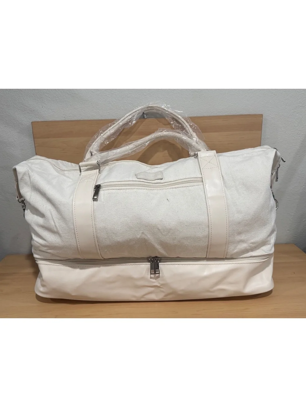 White Canvas and Faux Leather Weekender Duffel Bag with Pouch and Strap